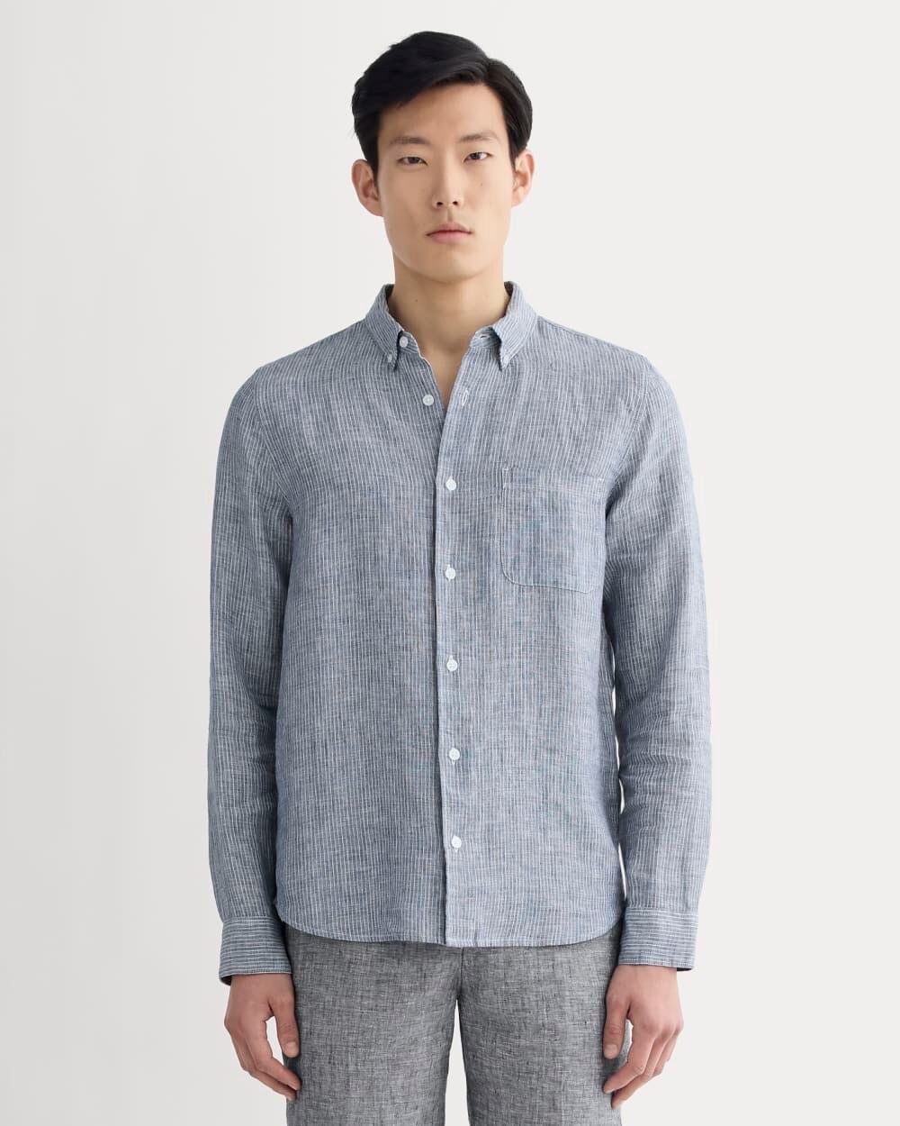 Everlane The Classic Linen Shirt Button-Front Blue White Stripe Large